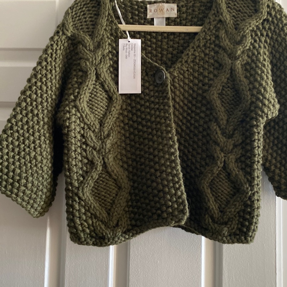 Hand knit cropped olive ballet sleeve sweater